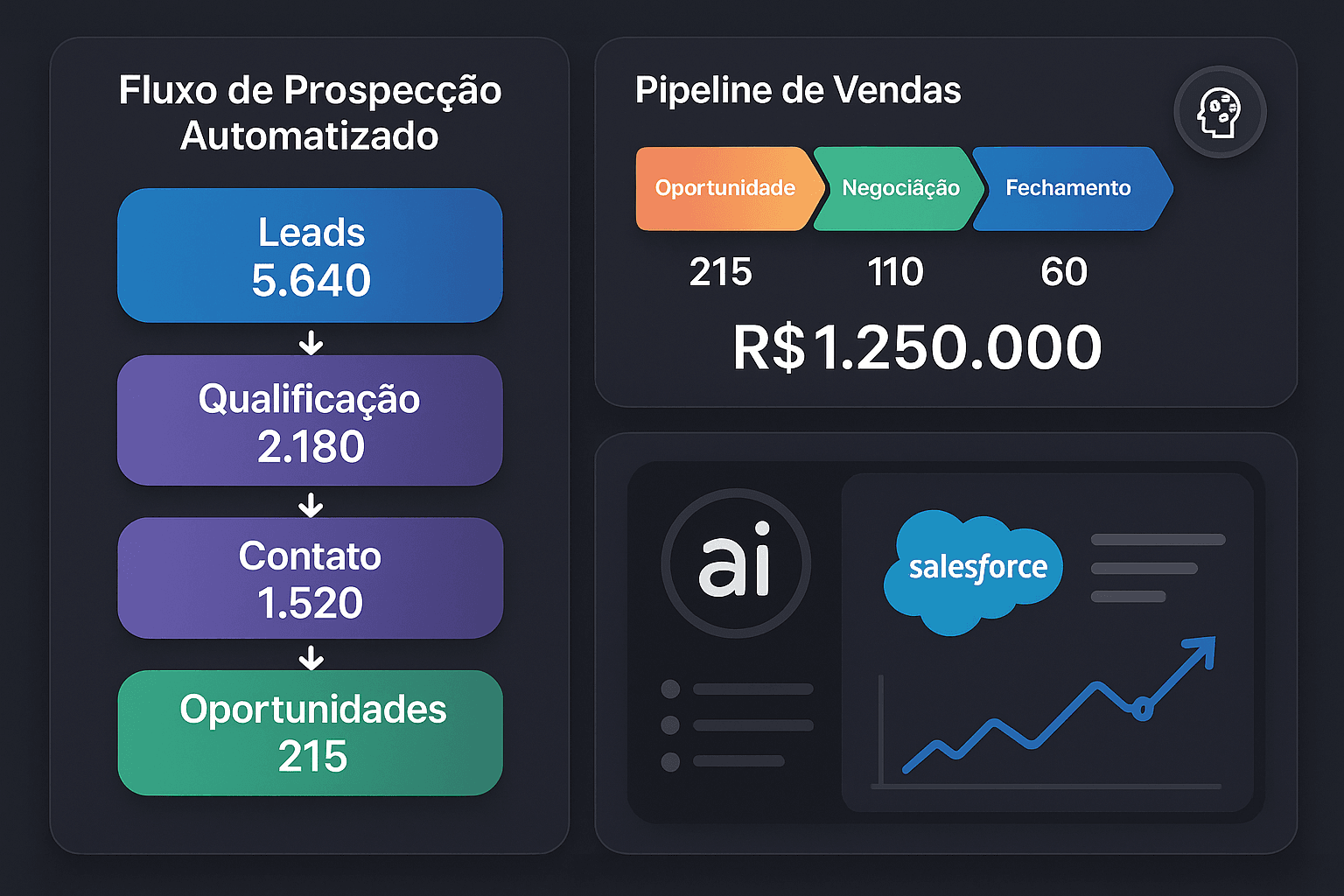 Dashboard mostrando recursos de automação de prospecção e pipeline de vendas SaaS com IA Salesforce