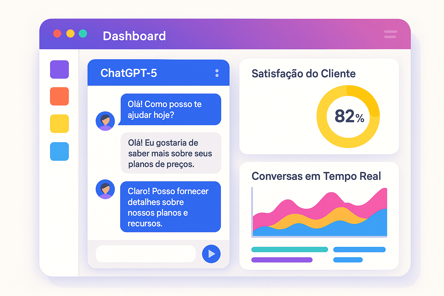 Como a Integração ChatGPT-5 com Plataformas de Automação SaaS Está Revolucionando a Personalização do Atendimento ao Cliente Dashboard colorido de SaaS exibindo chatbot alimentado por ChatGPT-5 interagindo em tempo real com cliente, gráficos de satisfação ao fundo.