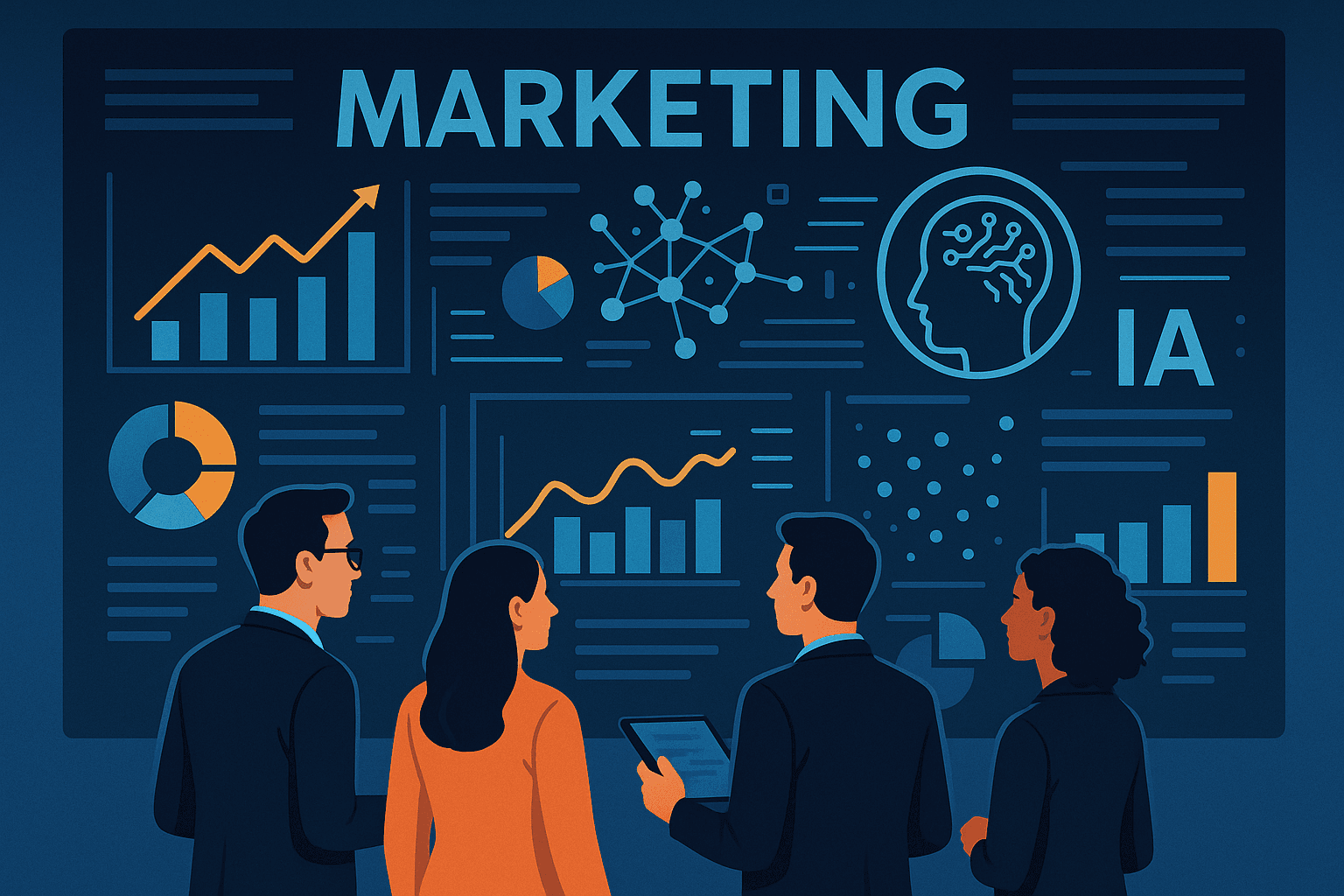 Como a Inteligência Artificial Está Mudando o Marketing Digital em 2025 Profissionais de marketing em uma sala, analisando painéis digitais com gráficos e insights gerados por IA