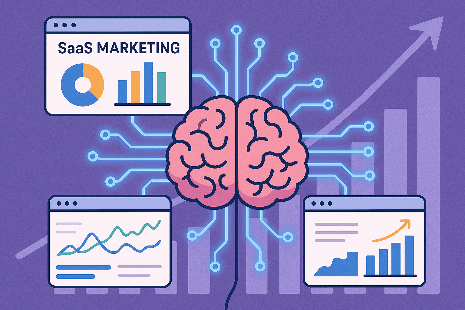 Ilustração de inteligência artificial otimizando campanhas e ferramentas de marketing digital em uma empresa SaaS
