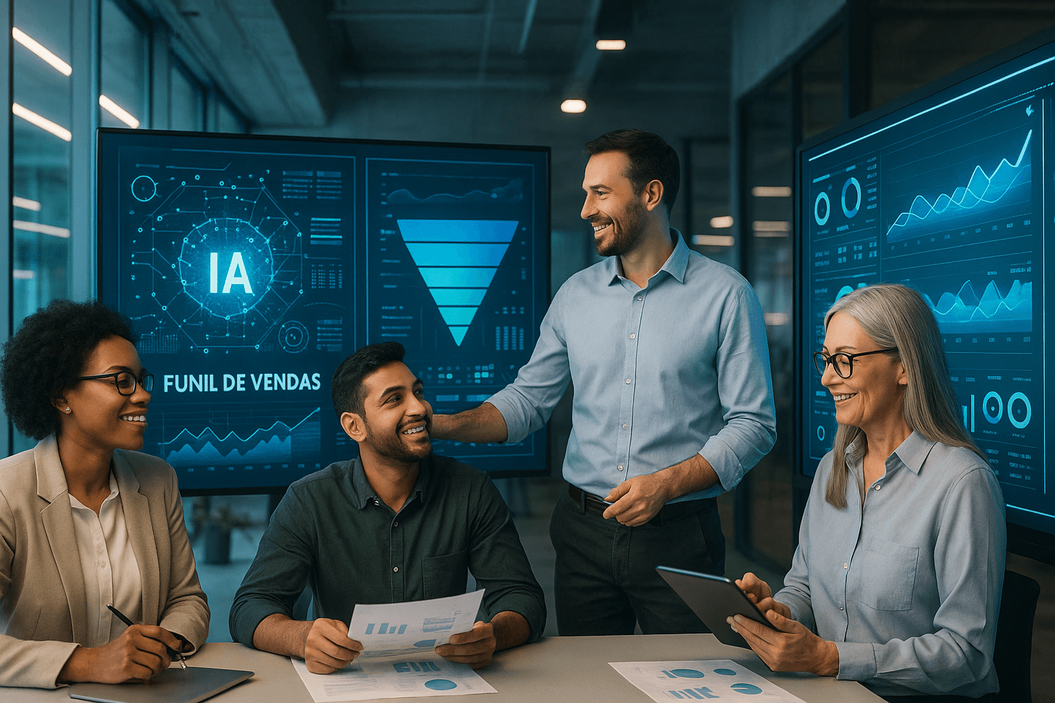 Profissionais de marketing digital interagindo com telas que mostram algoritmos de IA e fluxos automáticos de vendas.