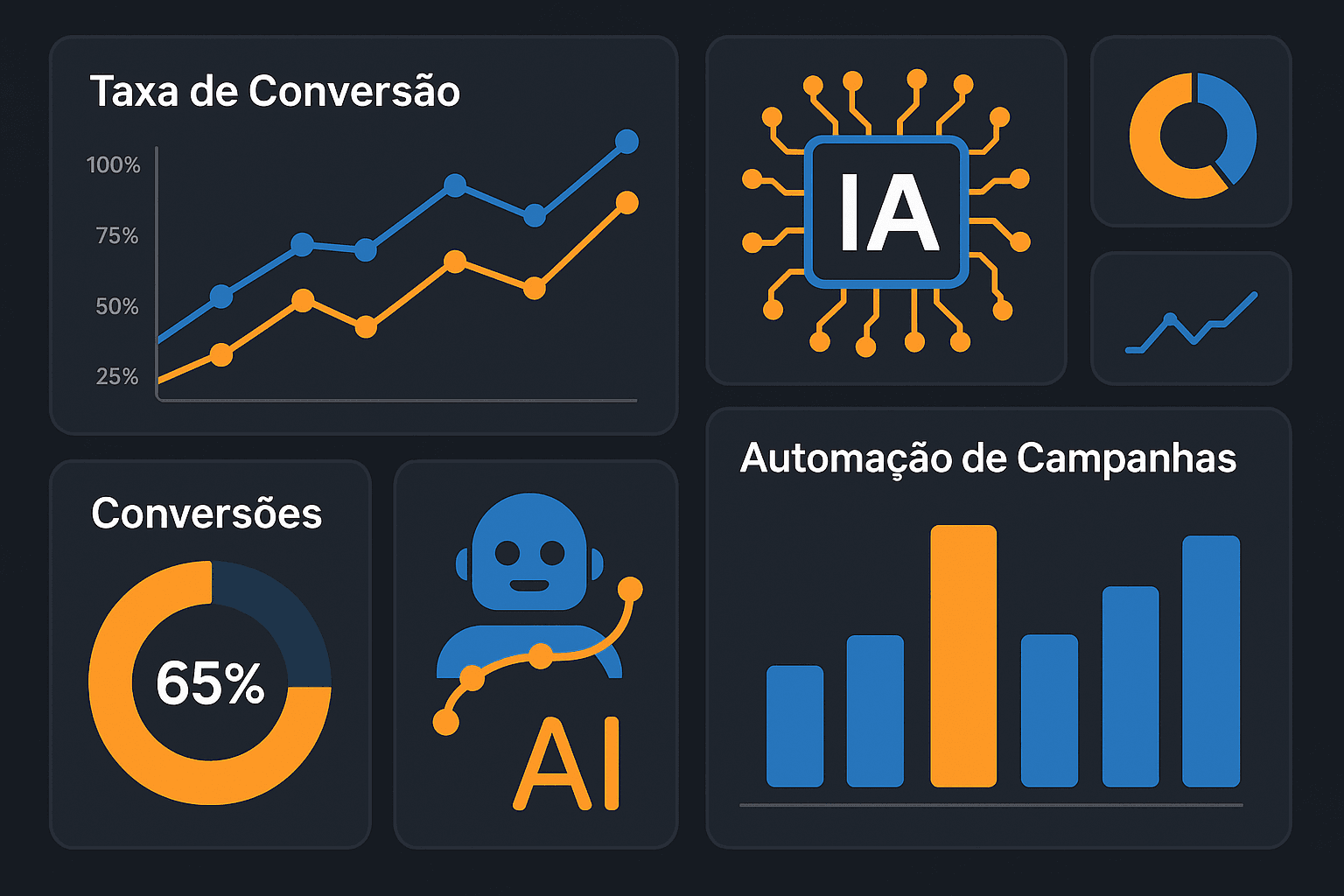 Dashboard de IA em ações de marketing digital Captura de tela simulada de um dashboard com gráficos de performance otimizados por inteligência artificial