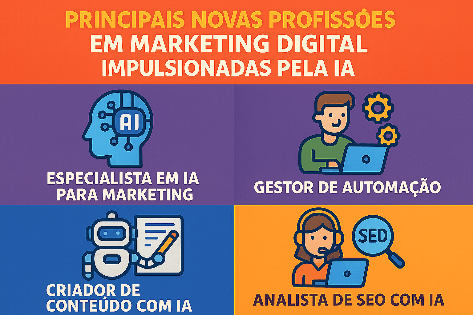 Infográfico apresentando exemplos de novas funções como AI Prompt Designer, Growth Hacker de IA e Gestor de Chatbots.