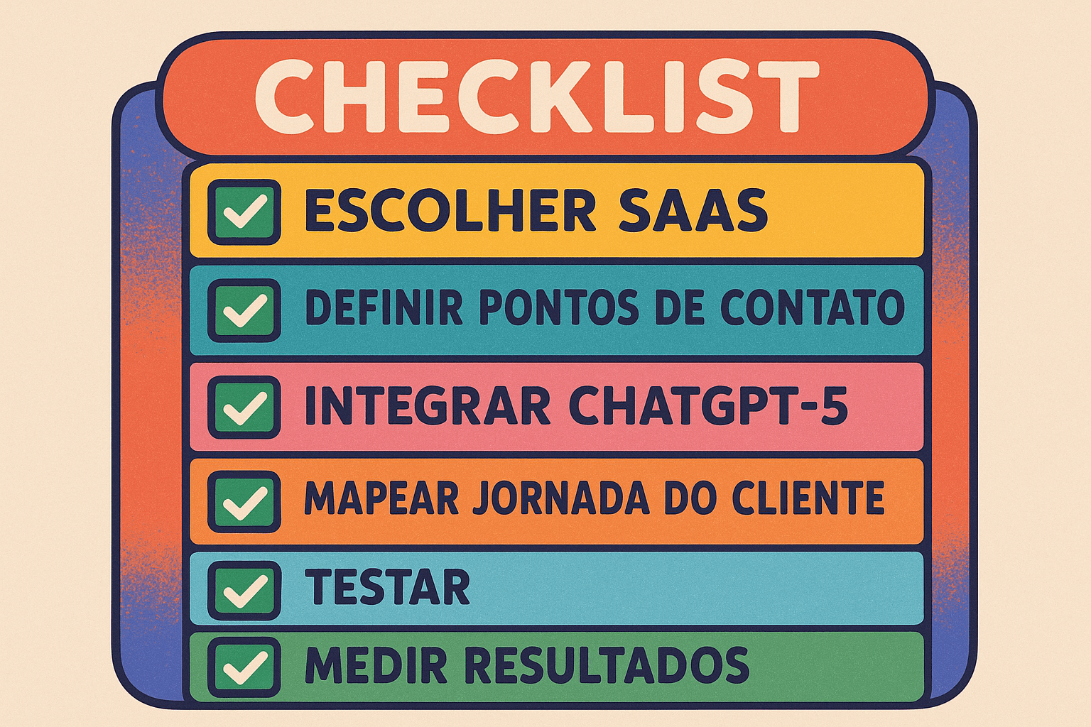 Checklist visual para Implementação da Integração ChatGPT-5 em SaaS Imagem tipo checklist colorido com tópicos-chave de integração ChatGPT-5 automação SaaS, marcados como concluídos.