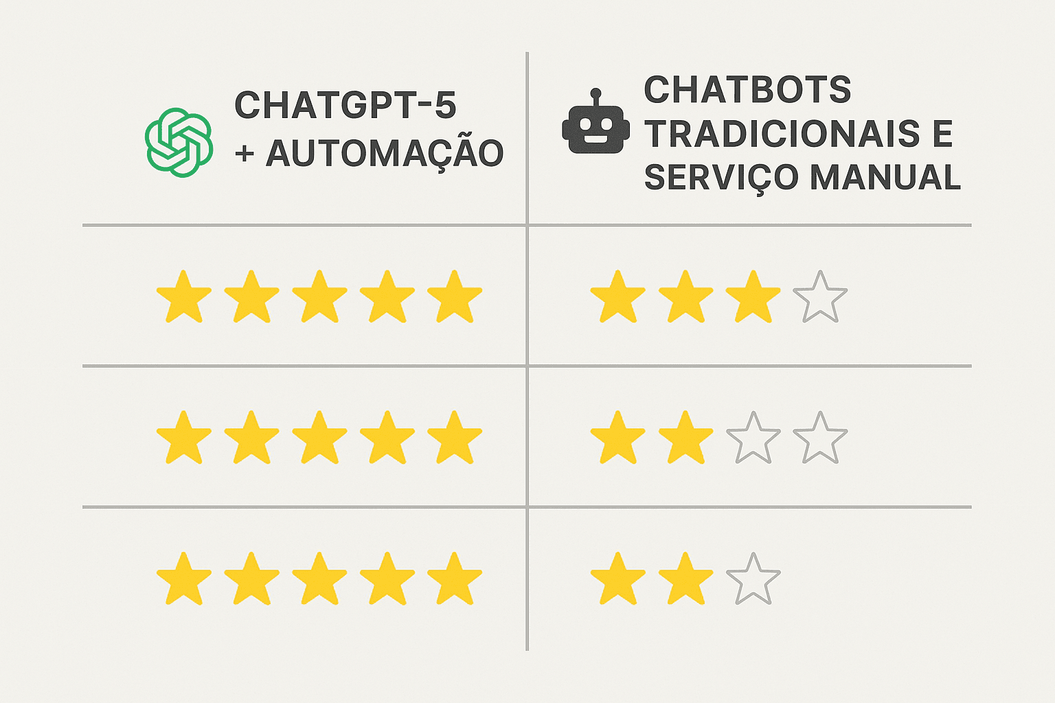 Comparação gráfica: Atendimento tradicional vs. ChatGPT-5 + Automação SaaS Tabela visual comparando soluções: ChatGPT-5 com automação, chatbots tradicionais e atendimento manual no SaaS.