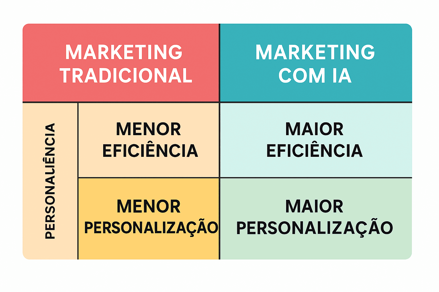Comparação entre marketing tradicional e IA Tabela comparativa visual entre estratégias de marketing tradicionais e aquelas otimizadas com inteligência artificial
