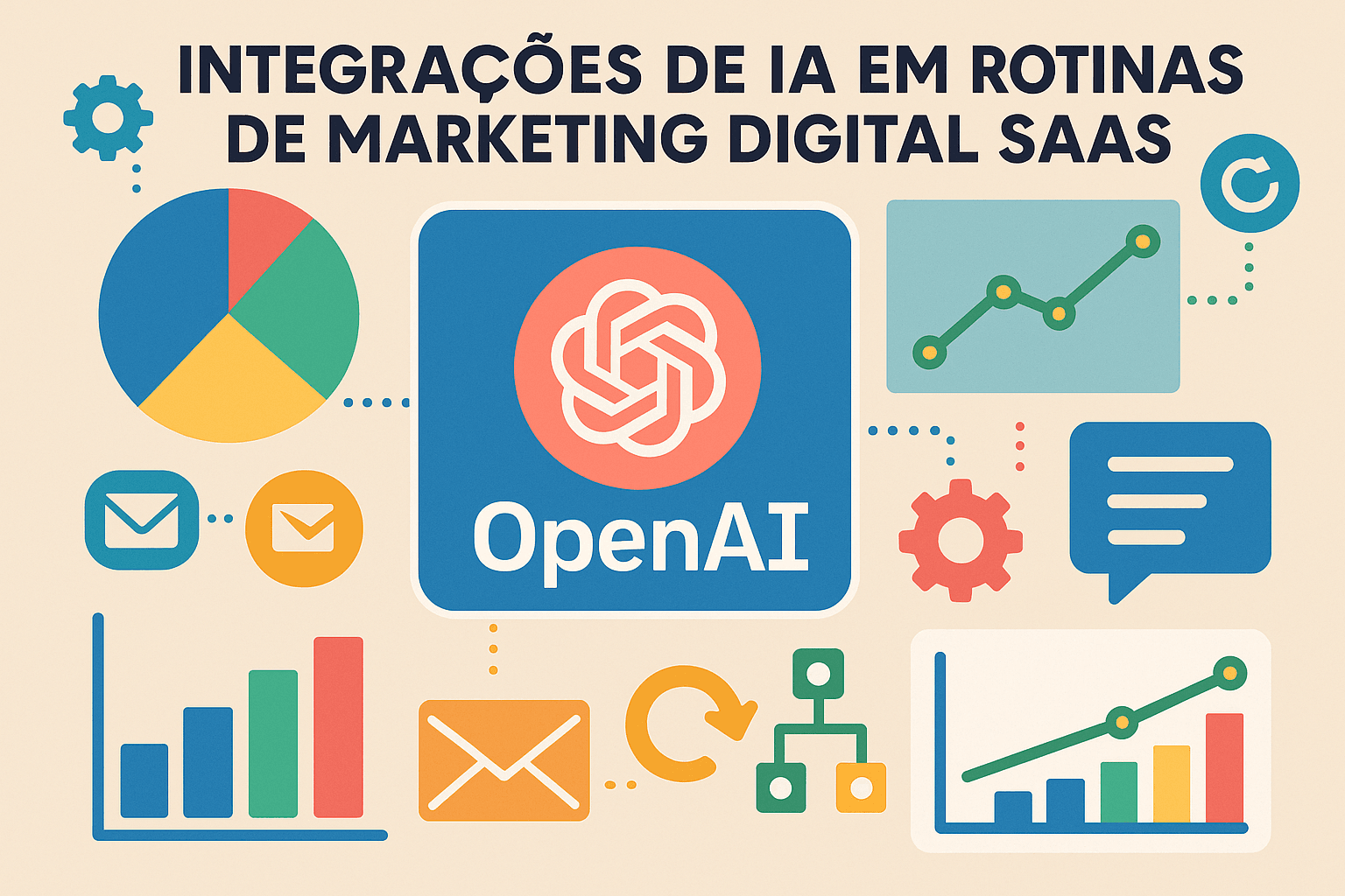 Dashboard simulado de uma plataforma SaaS brasileira destacando integrações de automação com OpenAI API e indicadores de campanhas de marketing digital