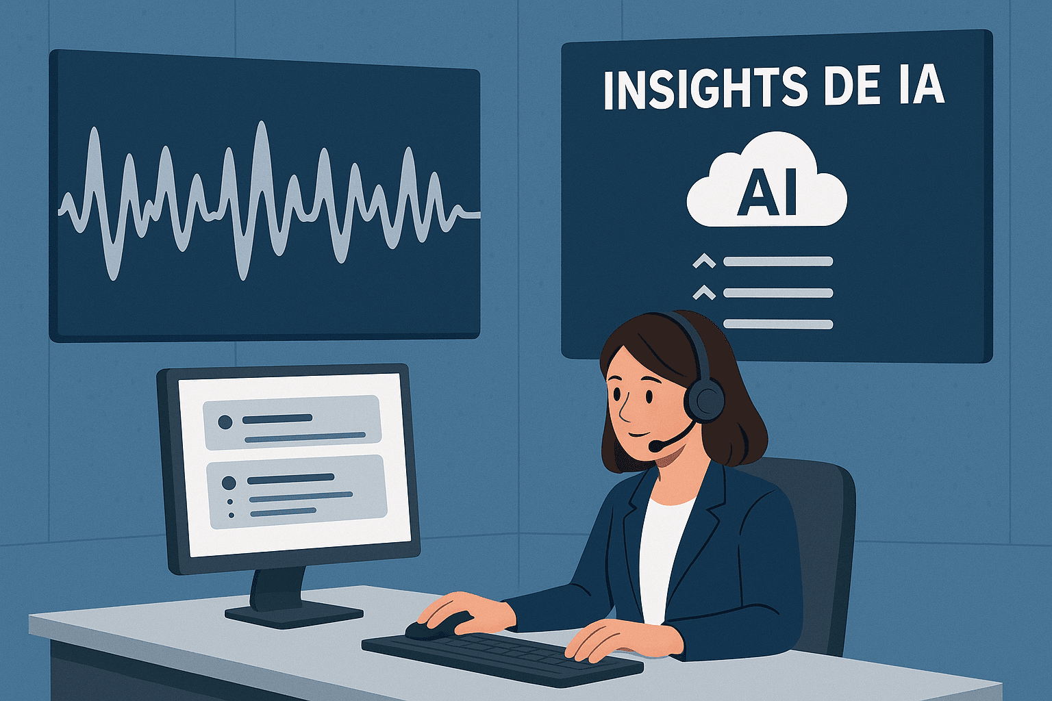 Como as Novas Ferramentas de IA para Análise de Voz Estão Transformando a Personalização de Ofertas em Call Centers B2B Interface moderna de call center mostrando painel de IA analisando conversas em tempo real entre agente e cliente empresarial
