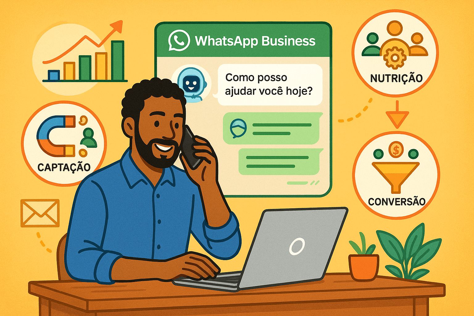 Ilustração de empreendedor brasileiro interagindo com chatbot de IA no WhatsApp Business em notebook e smartphone, representando etapas automatizadas do funil de vendas