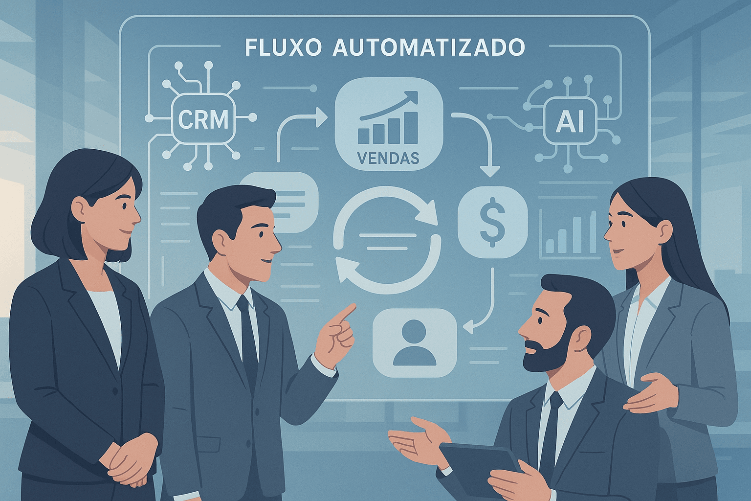Equipe de vendas diante de um painel digital mostrando fluxo de super-funnel automatizado com integrações IA e CRM