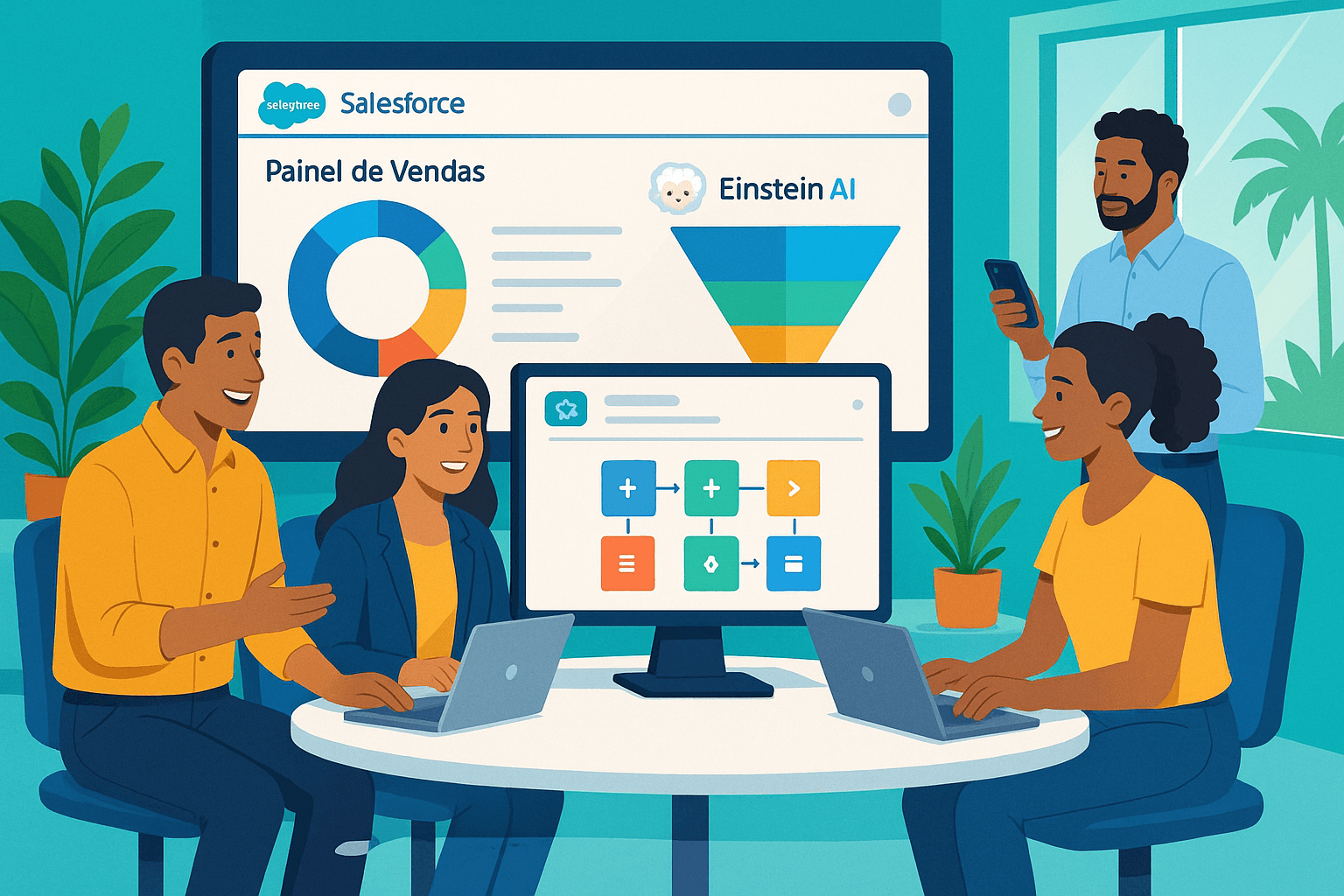 Tela conceitual mostrando profissionais de vendas SaaS usando o Einstein AI Studio da Salesforce para criar modelos de IA personalizados em um dashboard sem programação.