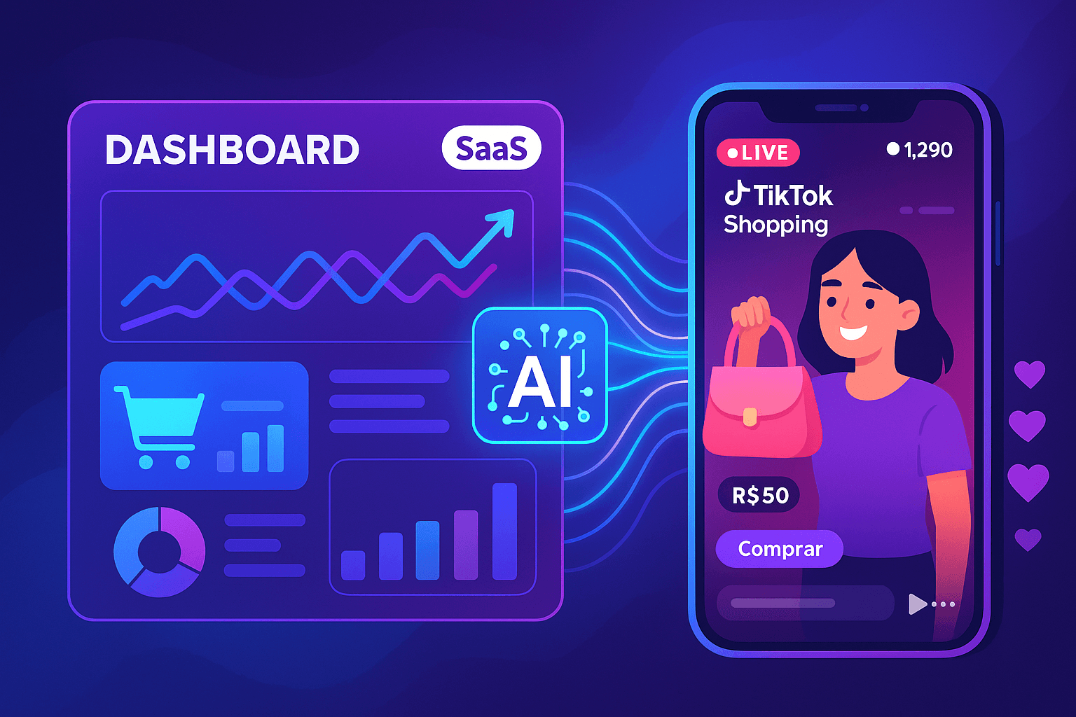 Tiktok Shopping e IA na Automação de Marketing SaaS: Como as Novas Funcionalidades Estão Impulsionando Vendas em Tempo Real Ilustração mostrando integração dinâmica entre TikTok Shopping, IA e plataforma de automação SaaS, representando vendas ocorrendo em tempo real.