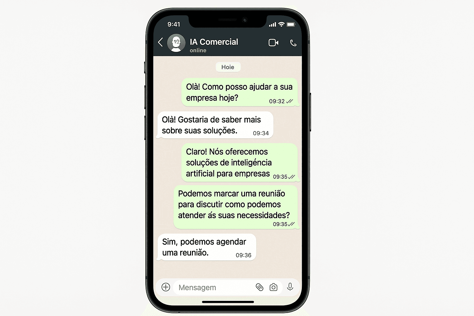 Interação de IA com leads via WhatsApp em vendas B2B Mockup de conversa automatizada via IA no WhatsApp, segmentando leads de uma empresa B2B
