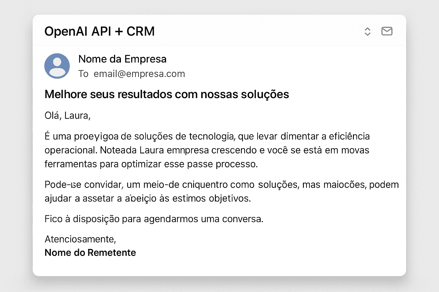 Captura de tela simulada ou mockup de um e-mail gerado automaticamente integrando OpenAI API e dados do CRM para leads brasileiros