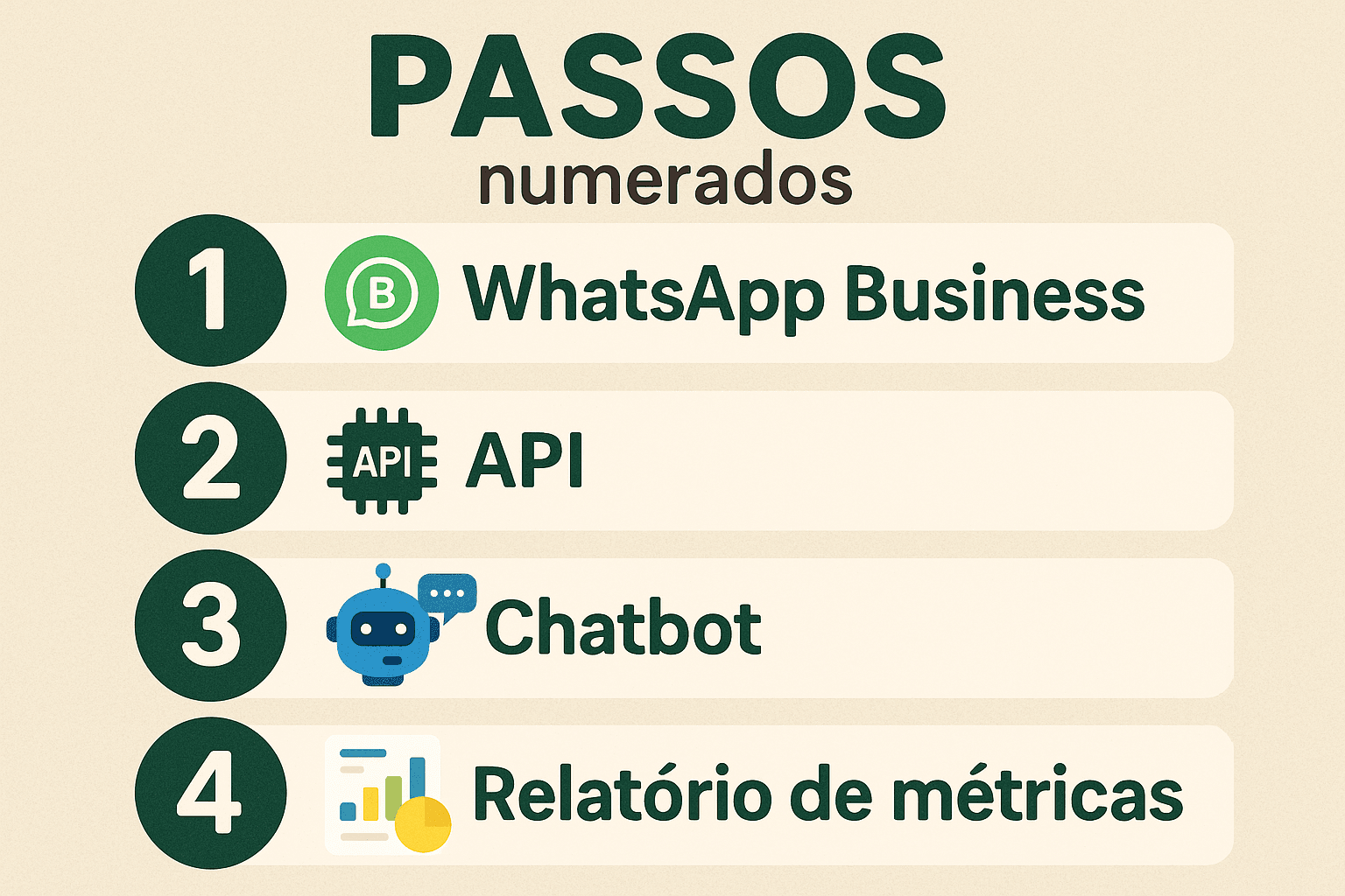Checklist visual com etapas práticas: cadastrar WhatsApp Business, integrar API, configurar chatbot de IA e medir resultados