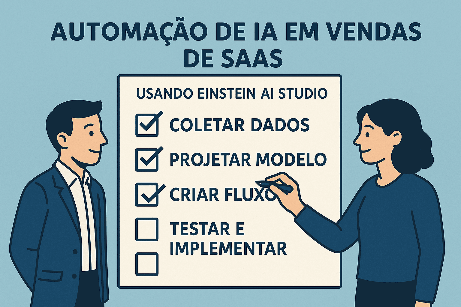 Imagem mostrando checklist visual dos passos para implementação de modelos IA personalizados em vendas SaaS com Einstein AI Studio, sem programador.
