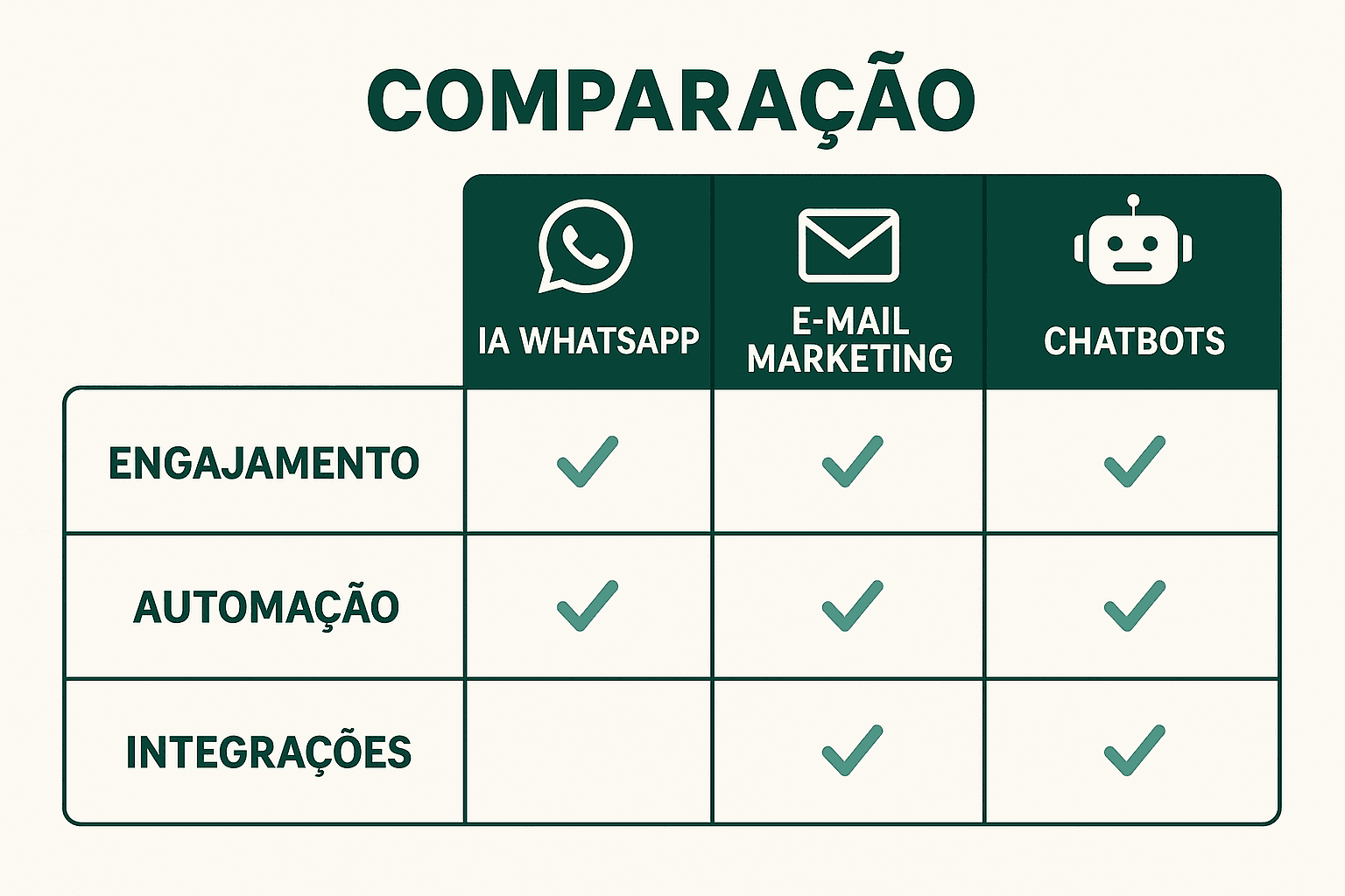 Comparação entre IA WhatsApp, Email Marketing e Chatbots Tabela visual comparando benefícios de IA no WhatsApp, email marketing automatizado e chatbots para nutrição B2B