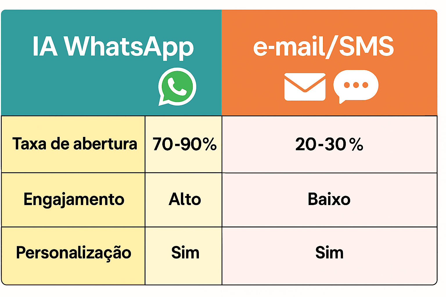 Tabela comparando taxas de abertura, personalização e facilidade entre IA WhatsApp e e-mail/SMS marketing