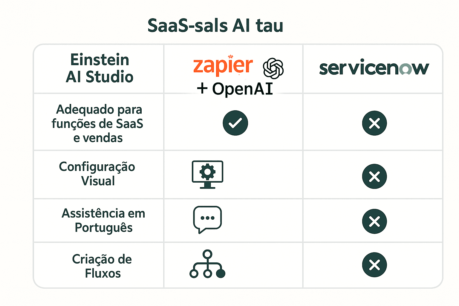 Tabela comparando Einstein AI Studio, Zapier+OpenAI e ServiceNow sob critérios de integração, facilidade e customização para SaaS.