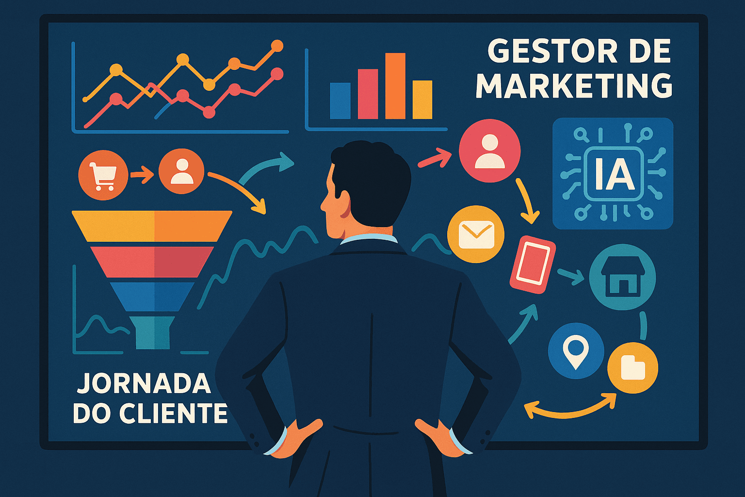 Gestor de marketing observando gráfico digital com vários pontos de contato representando a atribuição IA em campanhas Google Ads B2B e B2C