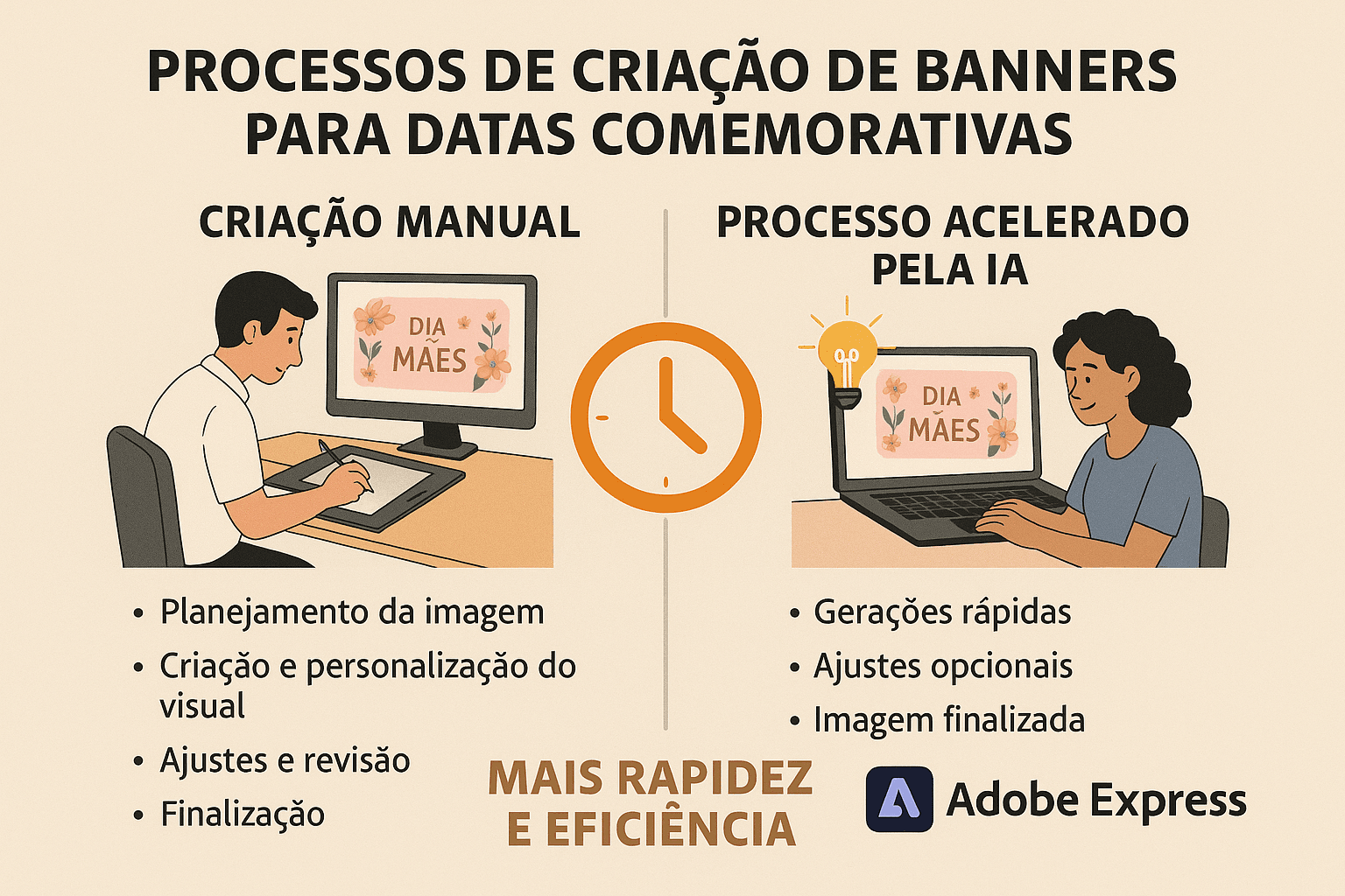 Infográfico mostrando antes e depois da automação criativa: time marketing B2C produzindo manualmente vários banners para datas sazonais versus processo acelerado por IA