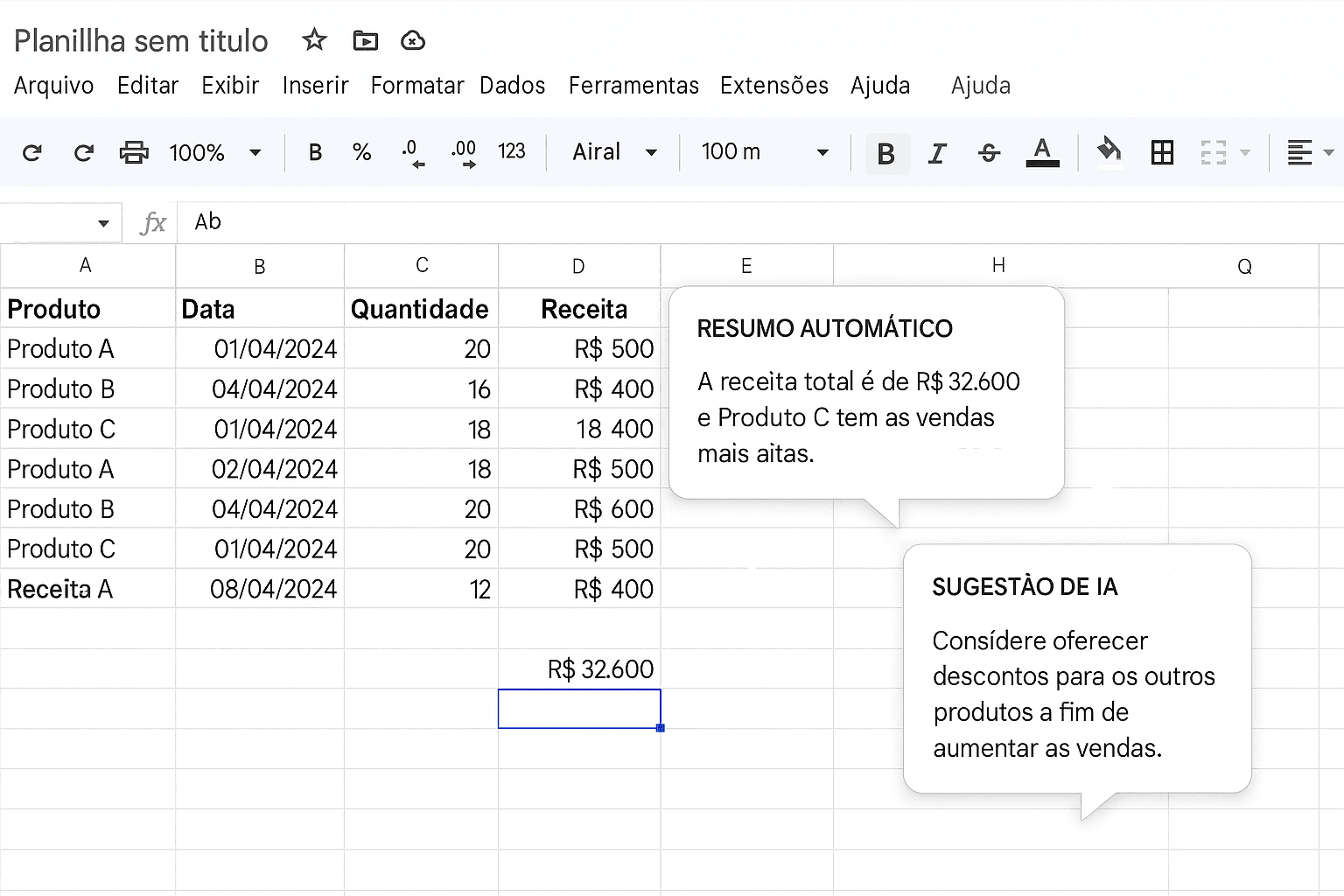 Imagem simulando uma planilha de marketing B2B com resumos automáticos e sugestões de IA
