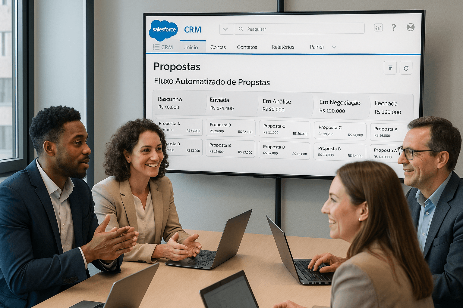 Equipe de vendas B2B em reunião, com notebook mostrando fluxo automatizado de propostas pela IA da Salesforce