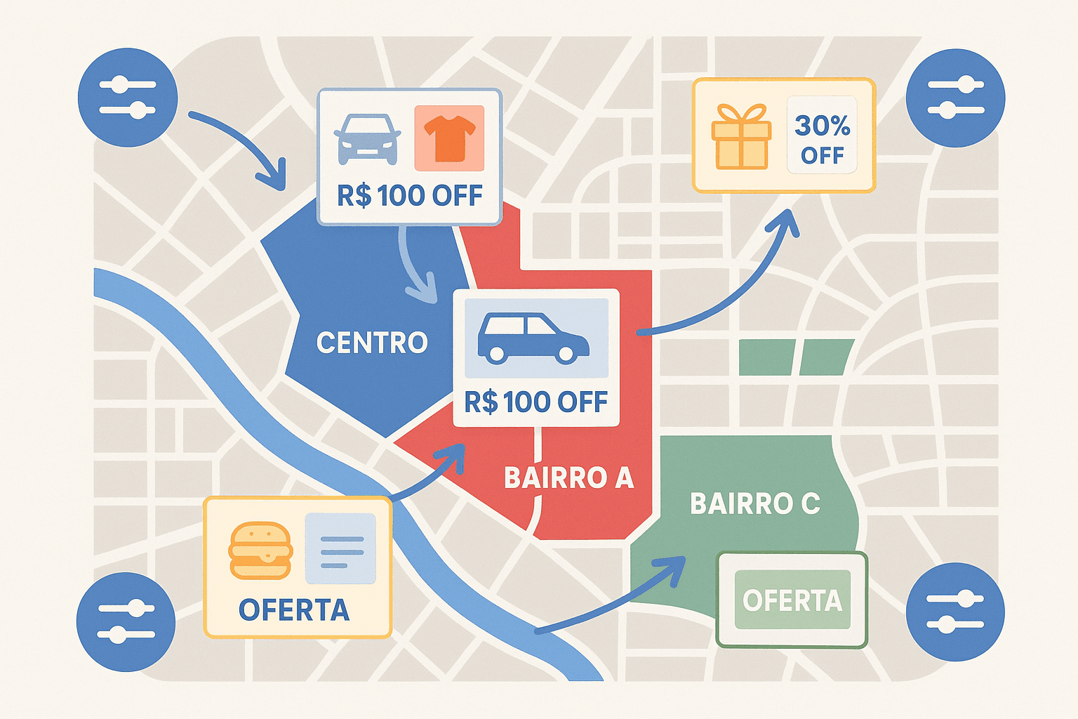 Exemplo gráfico mostrando como diferentes bairros de uma cidade recebem campanhas personalizadas com IA generativa durante a Black Friday.