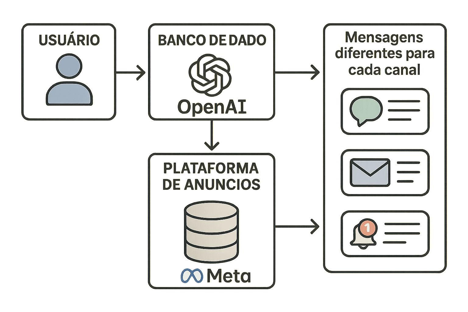 Diagrama mostrando a comunicação em tempo real entre IA generativa, dados do cliente e plataforma de anúncios da Meta