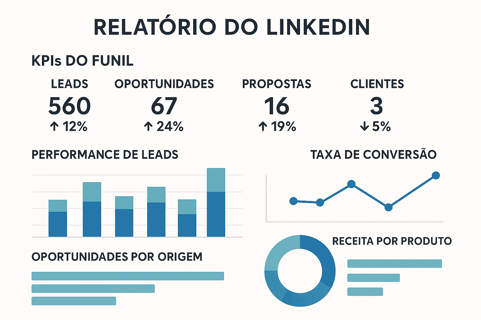 Exemplo visual de relatório gerado automaticamente, mostrando KPIs essenciais do funil de vendas B2B no LinkedIn