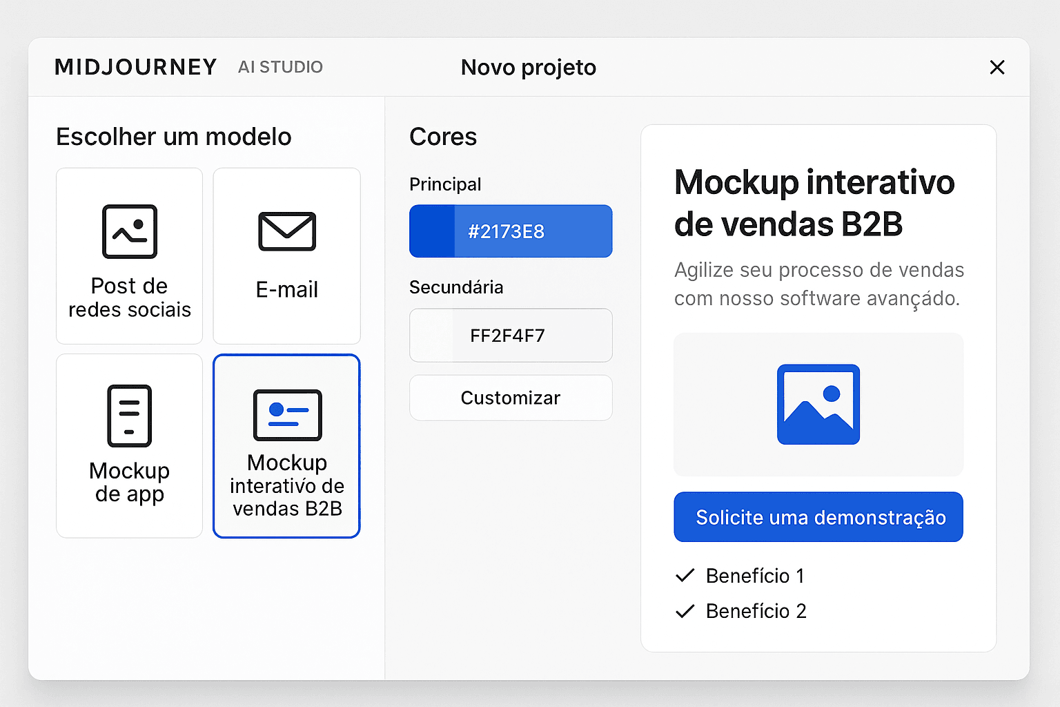 Tela de plataforma Midjourney AI Studio exibindo a seleção de template, customização visual e preview do mockup interativo
