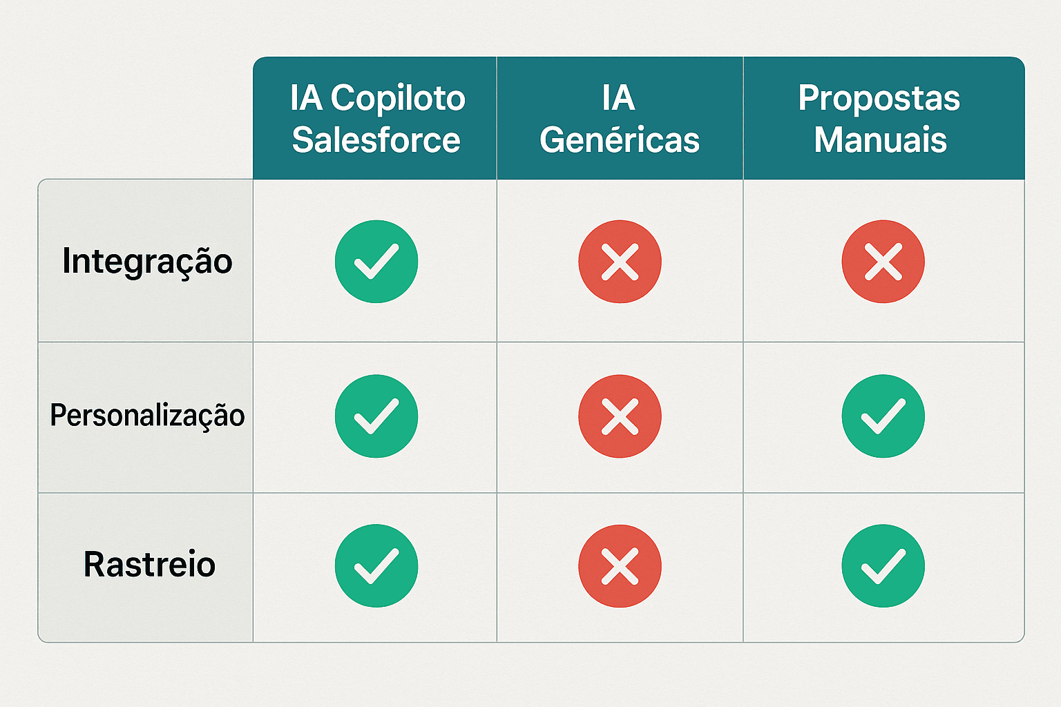 Tabela comparando IA Copiloto Salesforce, soluções de IA genéricas e propostas manuais em critérios-chave