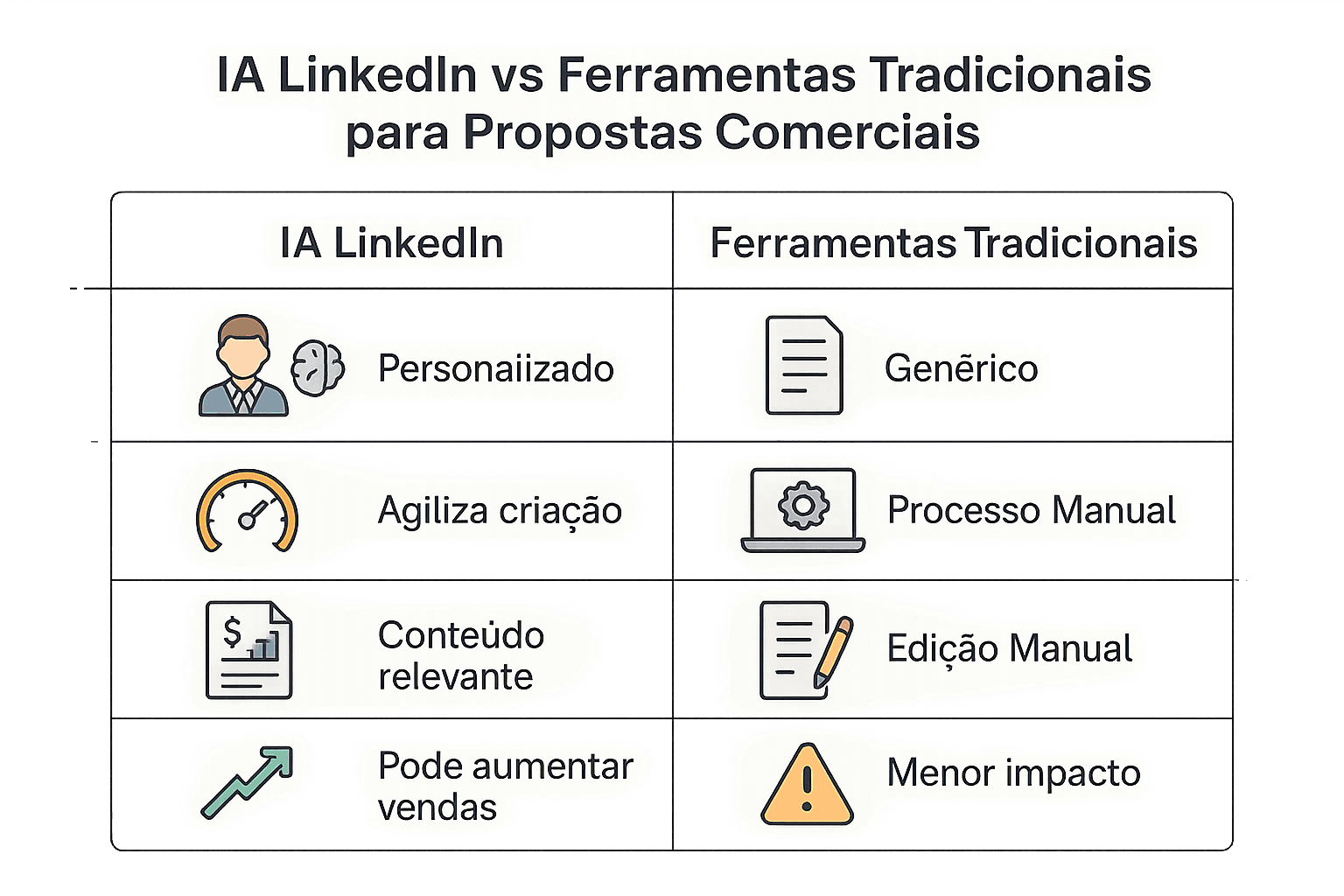 Tabela comparando eficiência da IA LinkedIn com métodos tradicionais de propostas comerciais