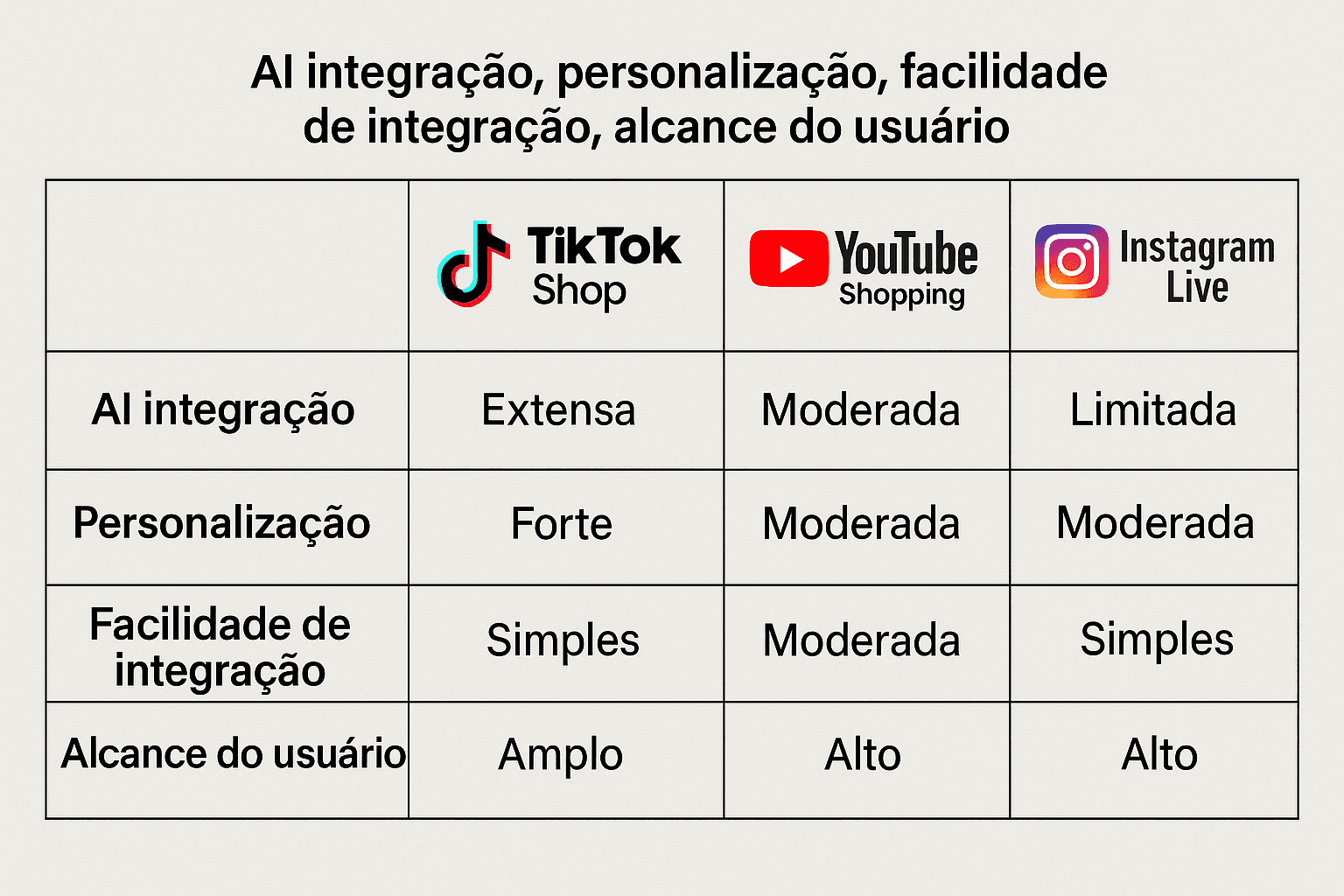 Tabela comparativa entre TikTok Shop, YouTube Shopping e Instagram Live quanto ao uso de IA, personalização e base de usuários globais.