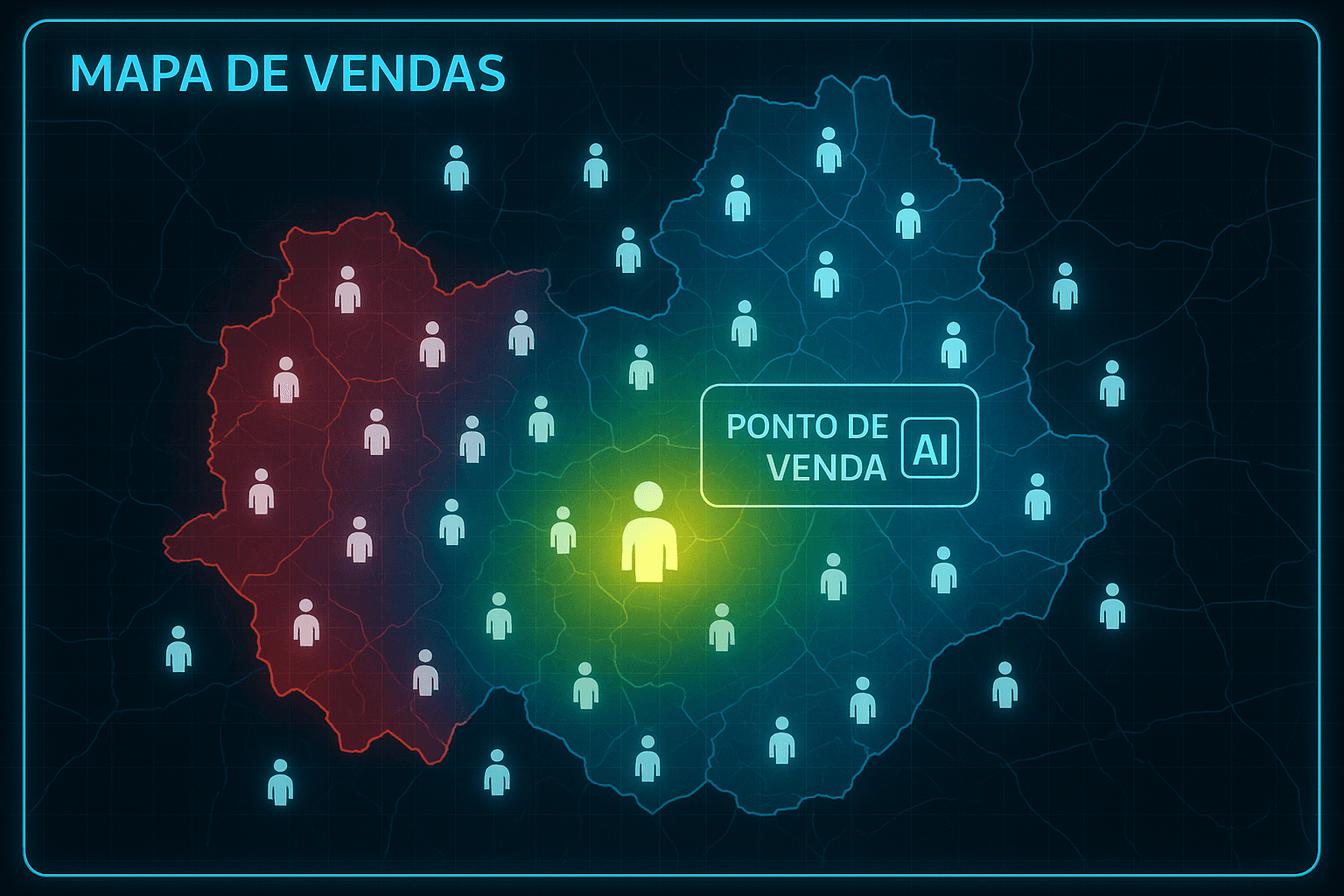 Mapa digital indicando clusters de clientes e hotspots de vendas usando algoritmos de IA para campanhas de geomarketing