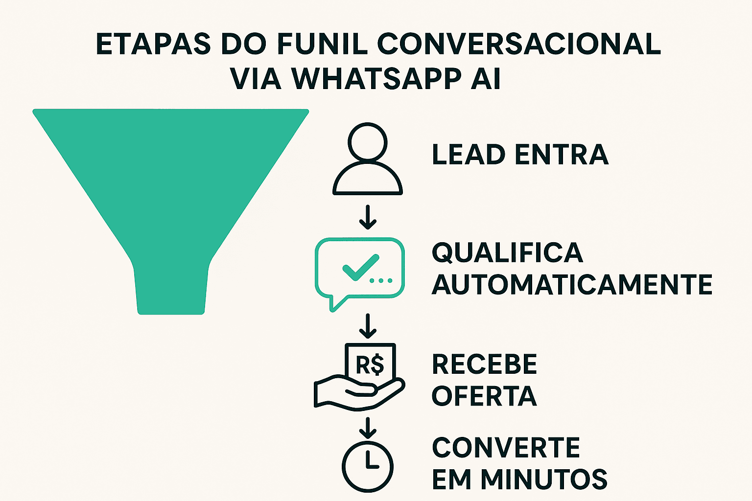 Jornada da lead até a conversão instantânea no WhatsApp Fluxograma simples mostrando a jornada de uma lead, desde a entrada pelo WhatsApp até a venda automatizada