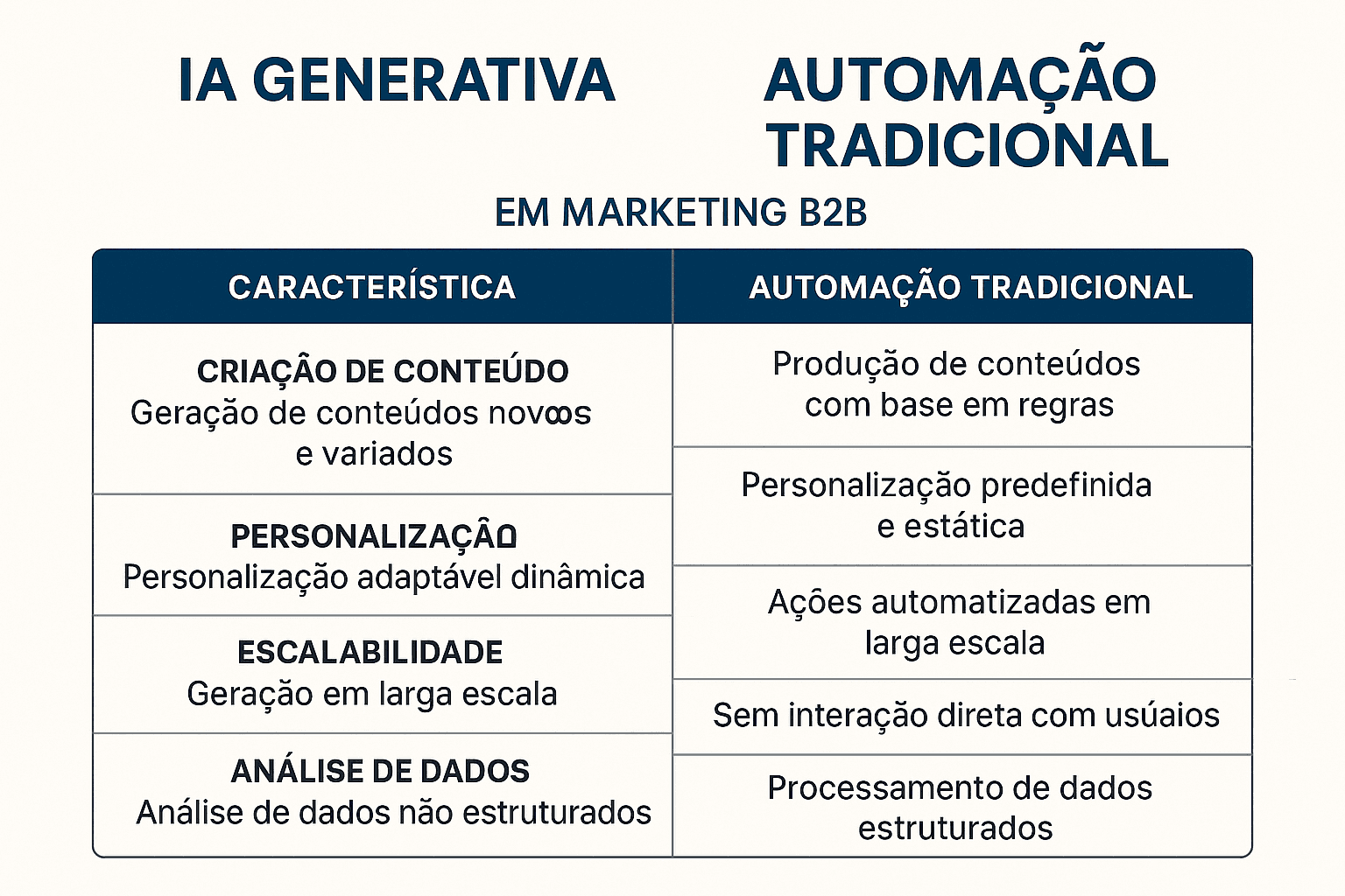 Comparativo: IA Generativa vs. Automação Tradicional Tabela comparando IA generativa e automação tradicional em campanhas B2B com critérios de personalização, escalabilidade, custos e flexibilidade