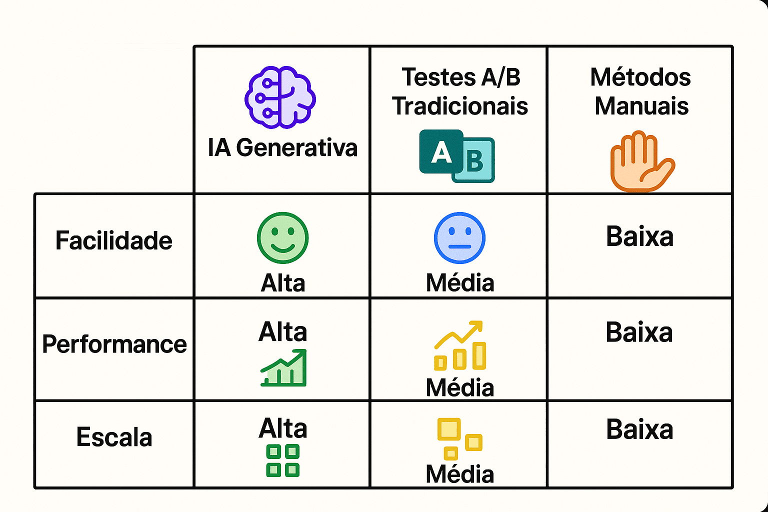 Tabela visual comparando IA generativa, testes A/B manuais e personalização manual quanto a facilidade, escala e performance