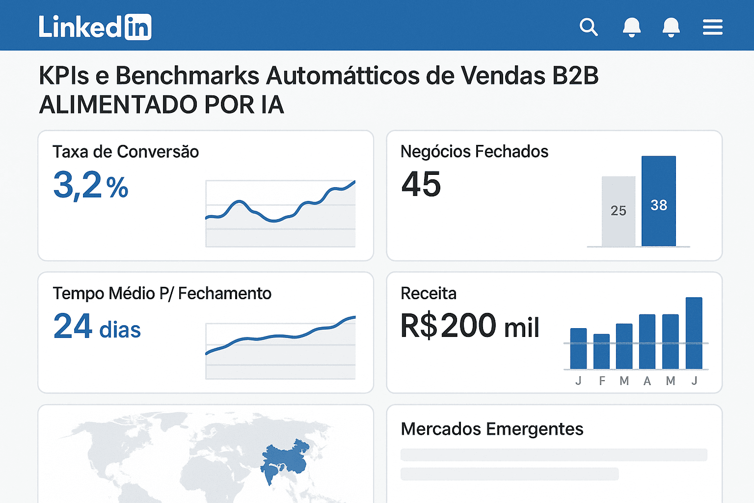 Dashboard do LinkedIn apresentando gráficos de benchmarks automáticos de vendas B2B com IA para mercados emergentes.