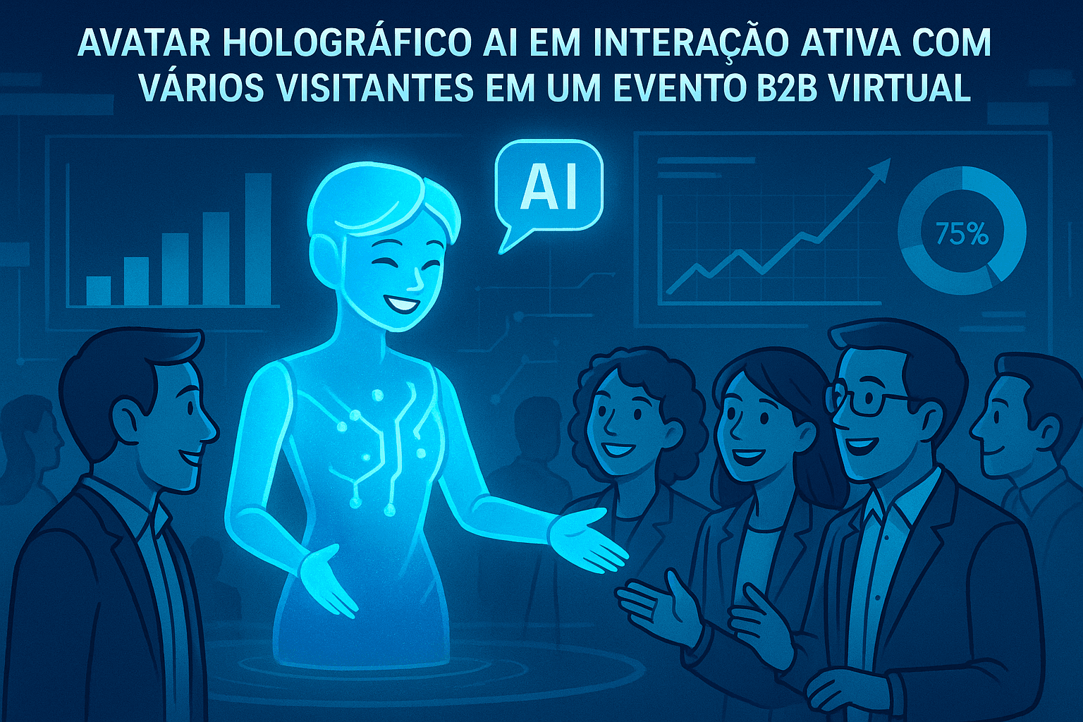 Cena ilustrativa em que um avatar holográfico IA interage com múltiplos visitantes em uma feira virtual, com gráficos de engajamento ao fundo