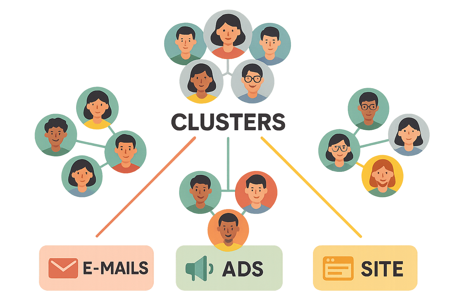 Diagrama de clusters com diferentes avatares digitais que simbolizam segmentos de clientes B2C, conectado a canais de marketing