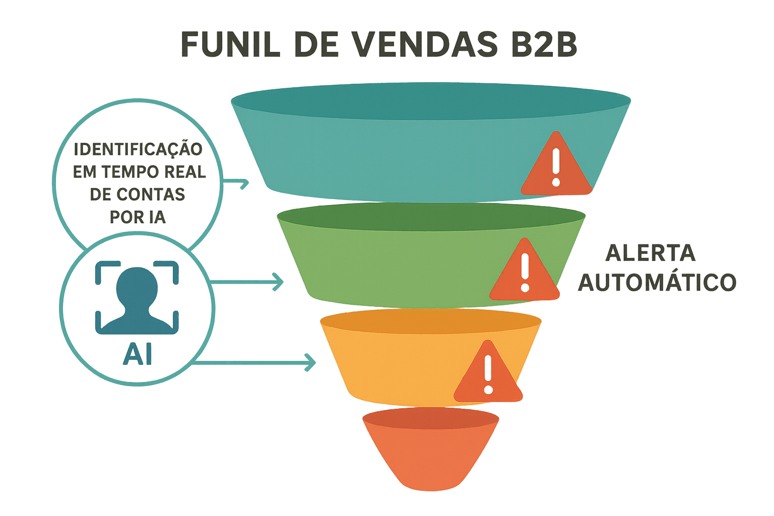 Diagrama de funil ABM com ícones mostrando estágios do cliente e setas sinalizando alertas em tempo real por IA.
