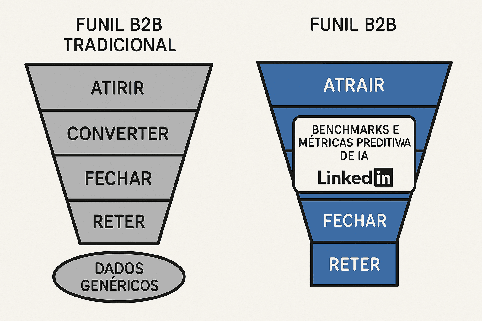 Comparação visual entre funil de vendas tradicional e funil de vendas otimizado com benchmarks automáticos e métricas preditivas por IA.