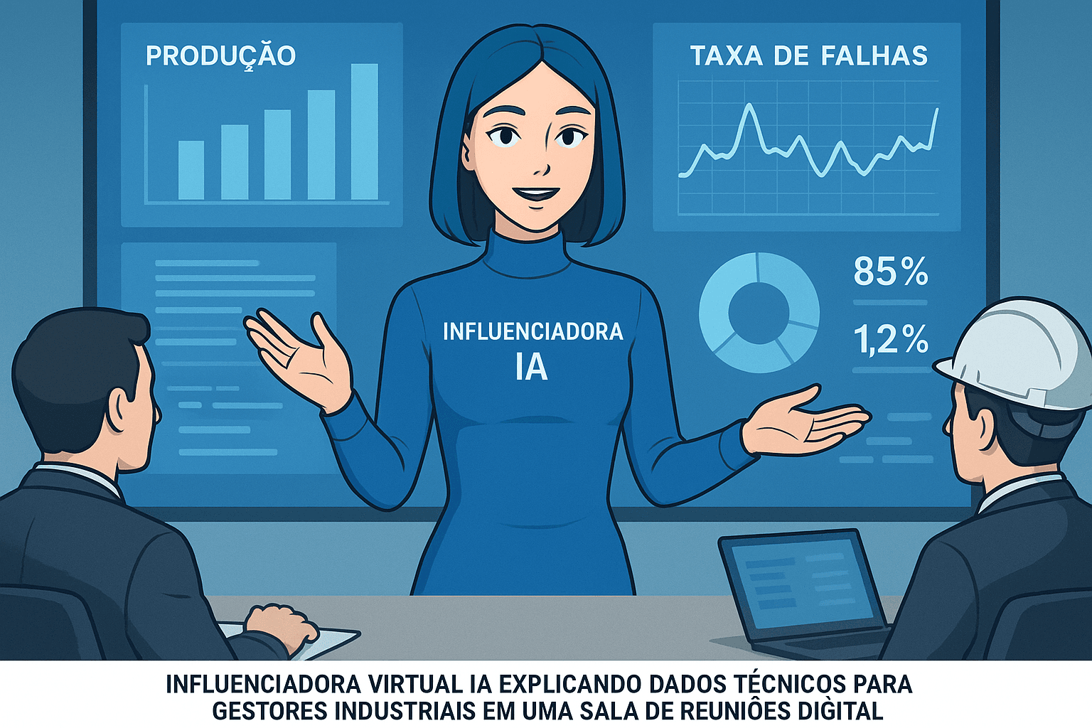 Modelo 3D de influenciadora virtual B2B apresentando gráficos e dados para profissionais de indústria em ambiente de escritório