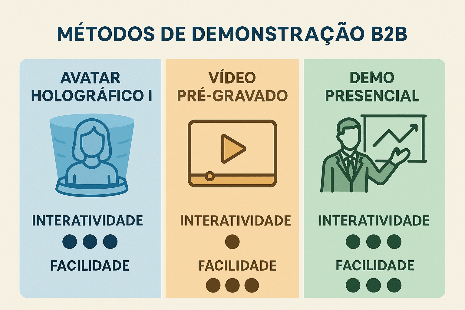 Tabela comparando avatar holográfico IA, vídeo pré-gravado e demonstração presencial para demonstrações de produtos B2B
