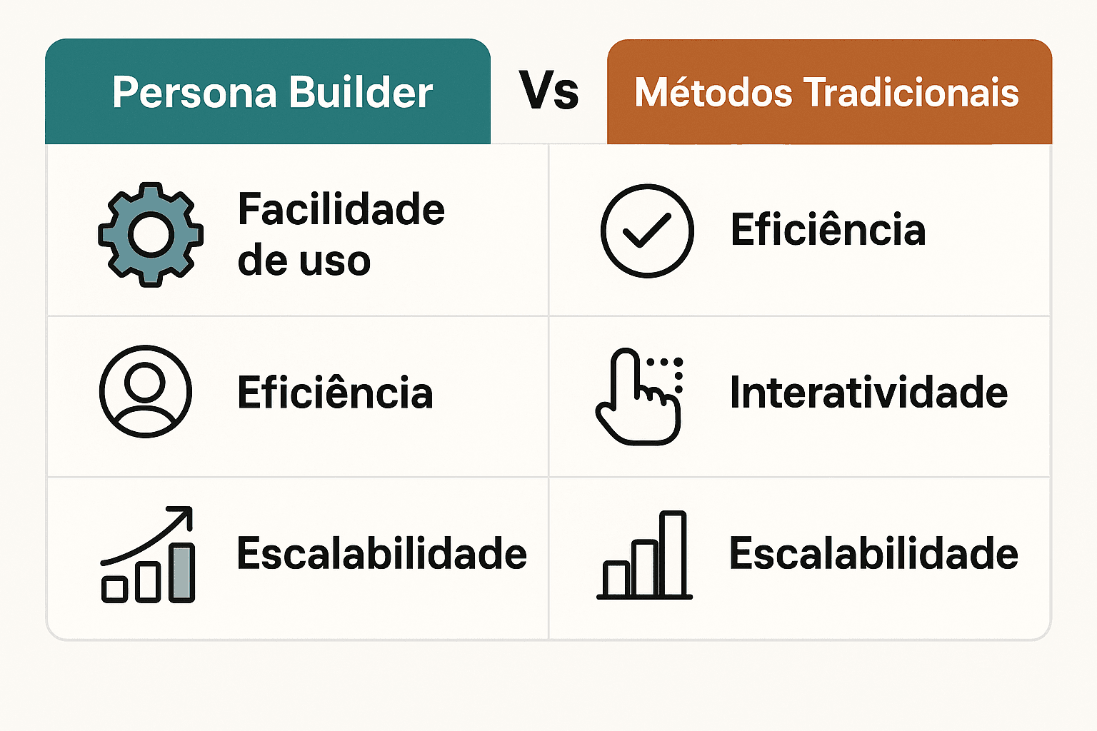 Tabela visual comparando critérios como profundidade dos perfis, atualização, risco ético e escalabilidade entre AI Persona Builder e métodos tradicionais