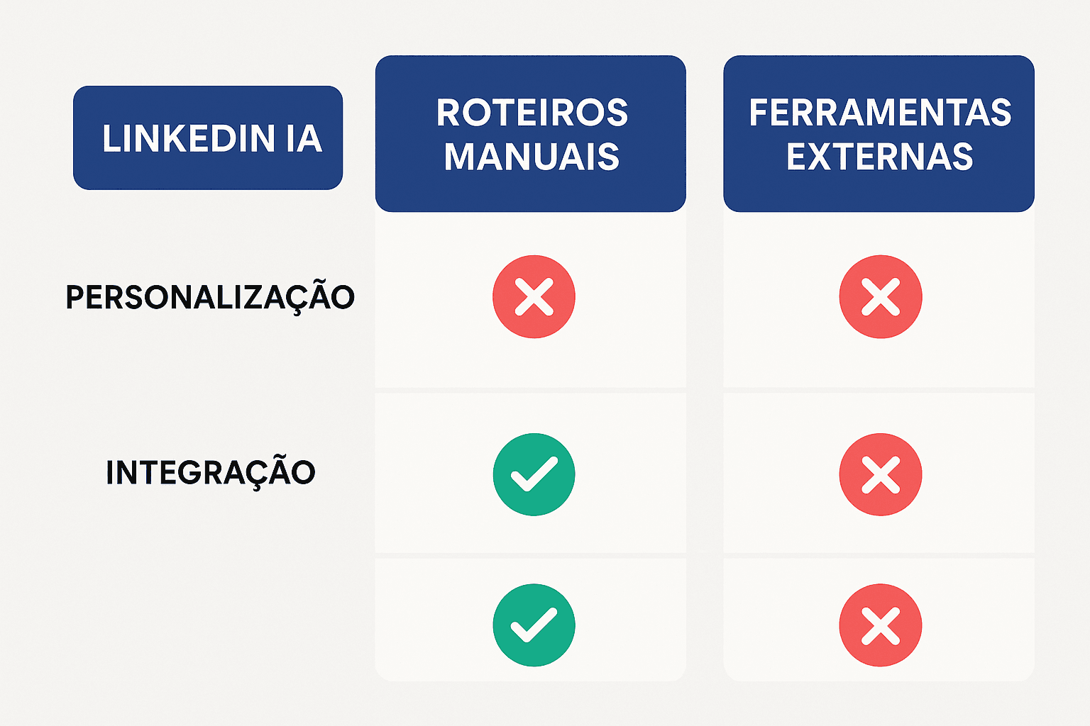 Tabela visual comparando LinkedIn IA generativa, roteiros manuais e ferramentas externas quanto à personalização e escala