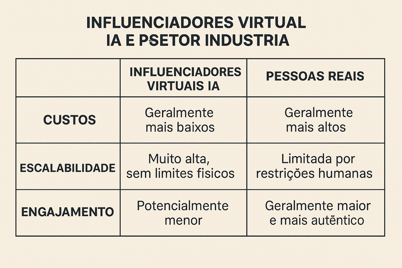 Tabela destacando diferenças-chave entre influenciadores virtuais IA e humanos em campanhas industriais B2B